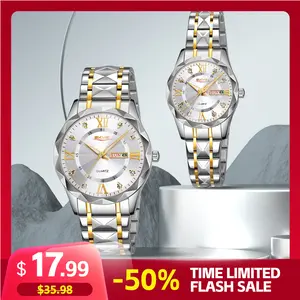 SKMEI Fashion Couple Quartz Watch with Calendar Week Function Diamond Cut Mirror Night Fluorescent 3ATM Waterproof Stainless Steel Strap Butterfly Buckle Men's & Women's New Year Gift