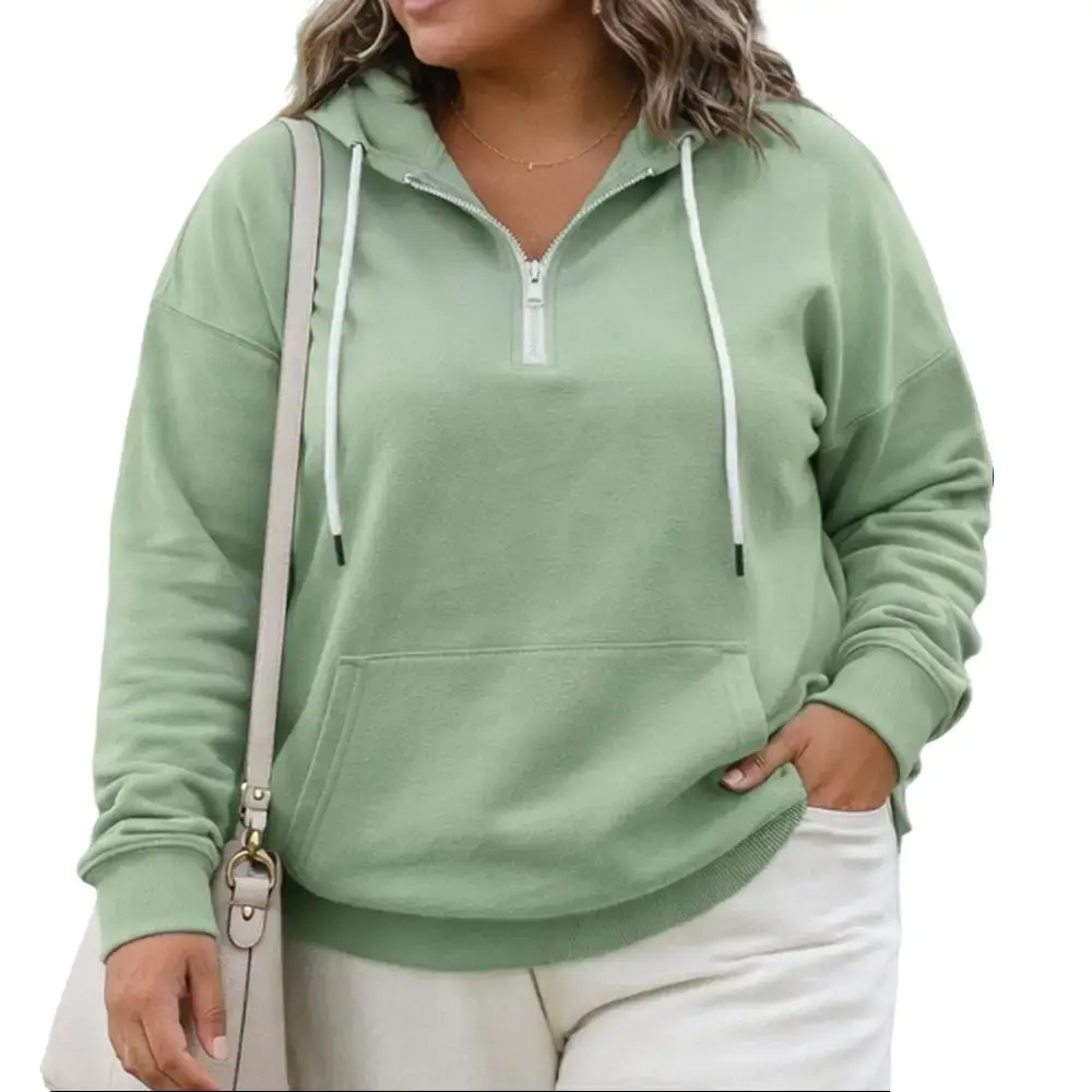 Lady's Women's Plus Size Light Fabric Hoodie Pullover - Quarter-Zip, Adjustable Drawstring, Kangaroo Pockets, Casual Long Sleeve Basic Cute Sweater, Sweaters, Longsleeves, Plussize