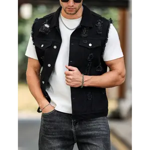 Street wear Y2K black ripped washed men's denim jacket trendy high street versatile short sleeved vest outdoor casual men's jacket