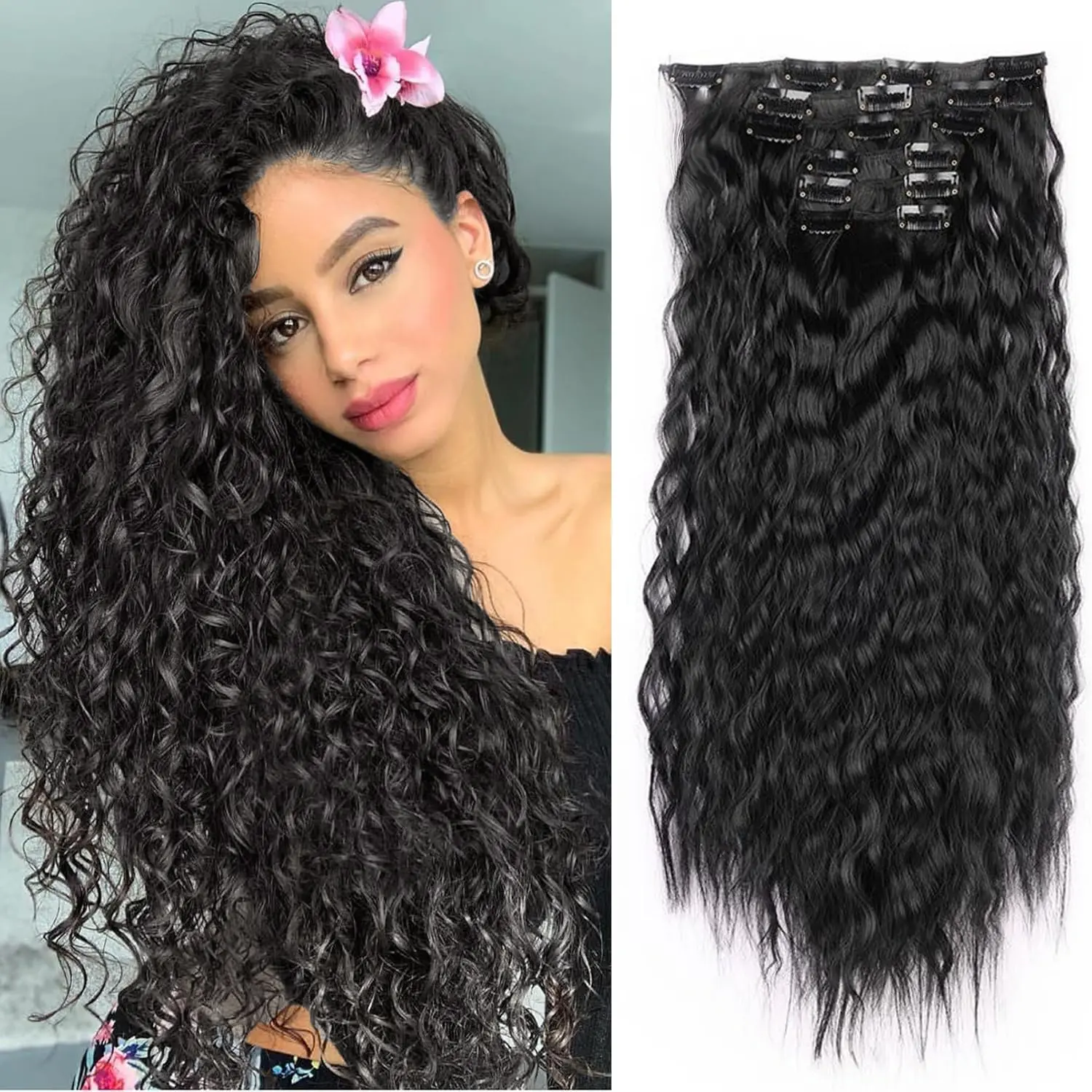 Women's Premium Synthetic Clip-In Weft Hair Extensions, 6PCS 24-Inch Water Wave Improved Curls Hairpiece, Instant Length Synthetic Extensions & Pieces