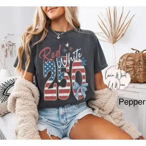 Pure DTG Prints Digital direct-print summer comfortable and breathable T-shirt, Comfort Colors 250th anniversary T-shirt in red, white, and blue, 4th of July American flag T-shirt, half-century anniversary T-shirt