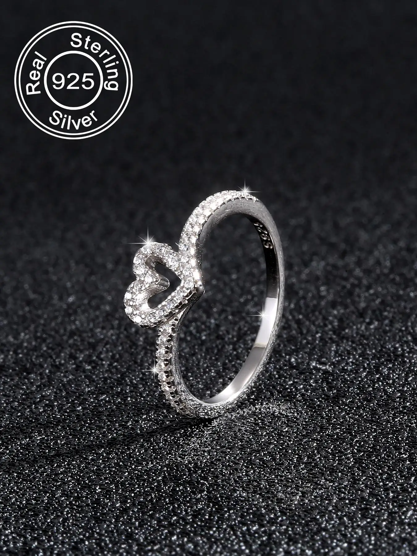 S925 Sterling Silver Summer Heart Shaped Elegant Everyday Ring for Women, Heart Design Rhinestone Decorated Jewelry Ring for Gf, Fashion Accessories f