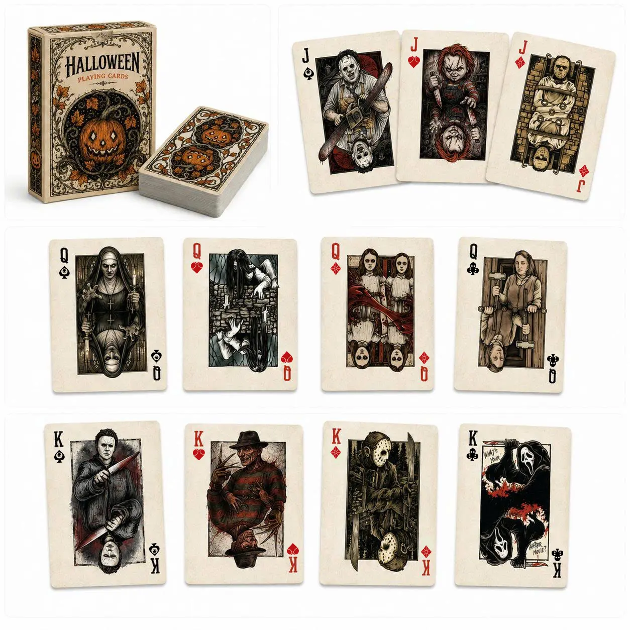 Halloween Horror Movie Playing Cards | Slasher Film Characters 54-Card Deck | Spooky Season Gift for Fans, Scary Lovers