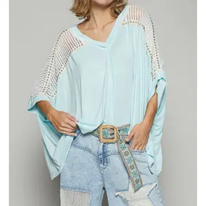 POL Soda Blue Candy Studded Star V Neck Top
