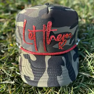 Trucker Hat with Camouflage Pattern, Red Strap, and "Let Them" Design
