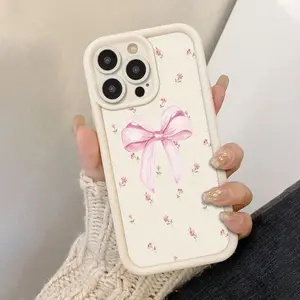 Cute Vintage Phone Case Pink Bow Pattern Case for iPhone 16 15 14 Pro Max 13 12 11 XR XS Plus Shockproof Non Slip Military-Grade Protection Silicone Cover