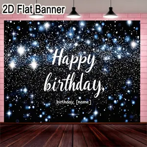 2D flat banner, 1pcStarry Night Happy Birthday Backdrop, Elegant Blue and White Personalized Birthday Banner with Sparkling Stars for Celebratory Party Decorations