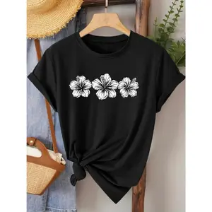[Hibiscus Print T-Shirt] Elegant Women's Short Sleeve T-Shirt with Hibiscus Print |   Crew Neck, Medium Stretch Fabric, Suitable for Spring/Summer/Fall, Fashionable and Versatile for Daily Wear and Casual Outings