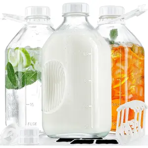 3 Pack 2 Qt Glass Milk Bottles with Airtight Reusable SCREW LID - 64 Oz Glass Juice Bottles, 1/2 Gal Glass Water Bottles, Glass Milk Jug Pitcher with Scales, Extra Lids & Handles Organiser Tin glass pitcher