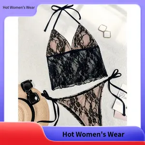 【Hot Women's Wear】Black Halter Bikini Swimsuit with Low-Rise Bikini Bottoms, Featuring Lace And Ruffle Details for a Sexy And Alluring Look.Perfect for Beach Vacations, Seaside Dates, And Photo Shoots