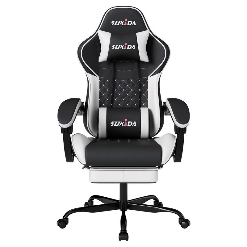 SUIKDA Ergonomic Gaming Chair with 360° Swivel and Footrest PU Leather Office Chair Features Memory Foam Headrest and Lumbar Support to Relieve Back Pain