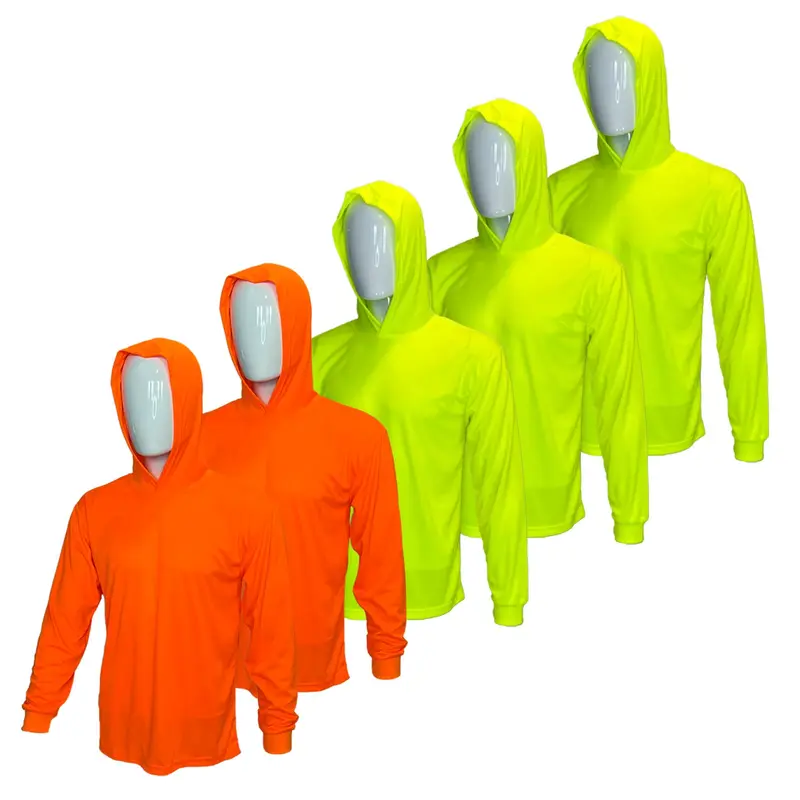 5 SHIRT PACK OF Hi Visibility ultra light weigh Long sleeve hoodie shirt / polyester birdeye Fabric for quick dry AVAIALBE IN VARIOUS COLORS