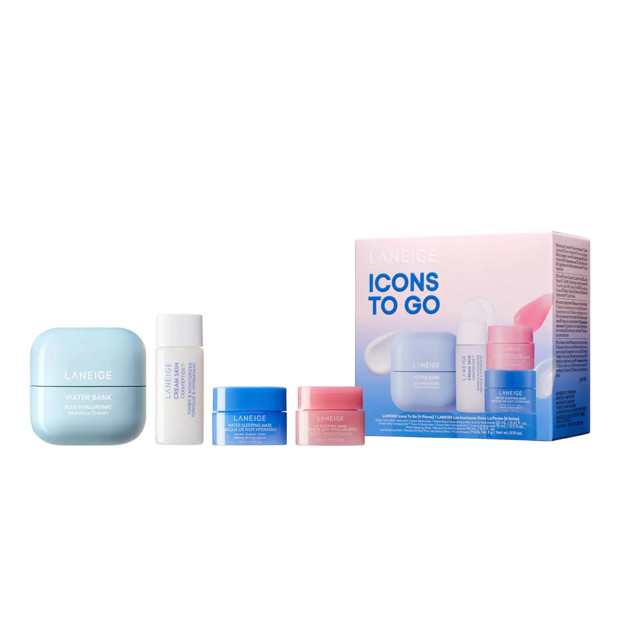 Laneige Icons To Go, Water Bank Blue Hyaluronic Cream Moisturizer Mini, Water Sleeping Mask, Lip Sleeping Mask Berry, Cream Skin Toner & Moisturizer Mini, Hyaluronic Acid, Korean Skincare