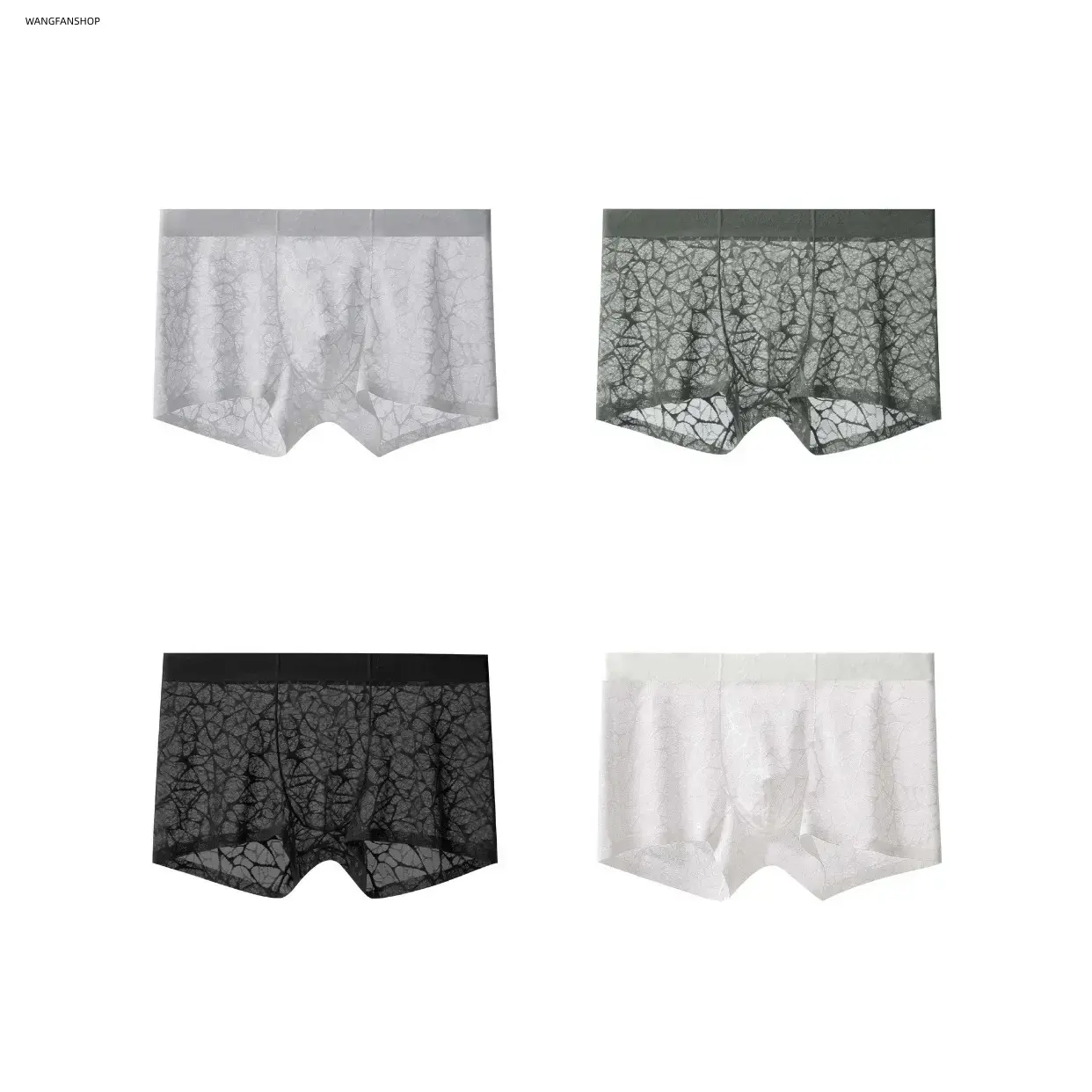 4-pack men’s ultra-thin sheer lace mesh boxer briefs—cool-touch, breathable, seamless, highly elastic, odor-resistant; suitable for everyday summer wear and as a gift for men.