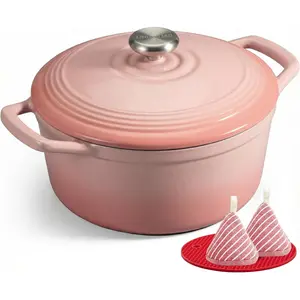 Enameled Cast Iron Dutch Oven - 5.5QT Pot with Wide Handles Lid Cookbook & Cotton Potholders - Pre-Seasoned Oven Safe to 500°F for Braising, Stews, Roasting, Sourdough Baking