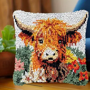 Cute Highland Cow Latch Hook Kit - DIY Christmas Pillow Rug for Adults & Kids | Pre-Printed Canvas | Premium Yarn | Easy-to-Follow Pattern | Home Decoration Gift (43x43cm/16.93in*16.93in)
