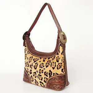 American Darling Hobo Bag, Hand-Tooled Floral Western Leather Purse with Hair-On Cowhide, 9in (H) X 15in (W) X 5in (D)