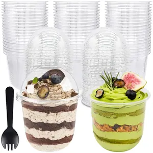 100 Pack 12oz Clear Plastic Cups With No Hole Dome Lids And Sporks Disposable Dessert Yogurt Parfait Cup For Cupcake Pudding Iced Cold Drinks Coffee Juice Snacks Fruits Ice Cream