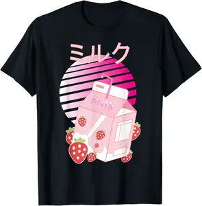 Strawberry Milkshake Carton Shirt Funny Retro 90s Japanese T-Shirt - Robynreede Shop 47B08Y39YJ98