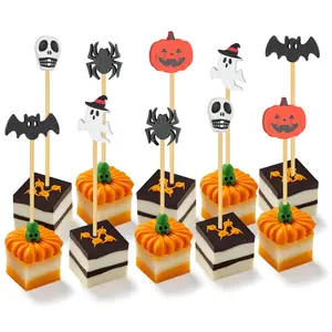 50 pcs Bamboo Halloween Picks Halloween Cupcake Toppers Toothpicks Decorations, Food Decor Cocktail Picks Skewers Sticks for Appetizers Birthday Party Favors