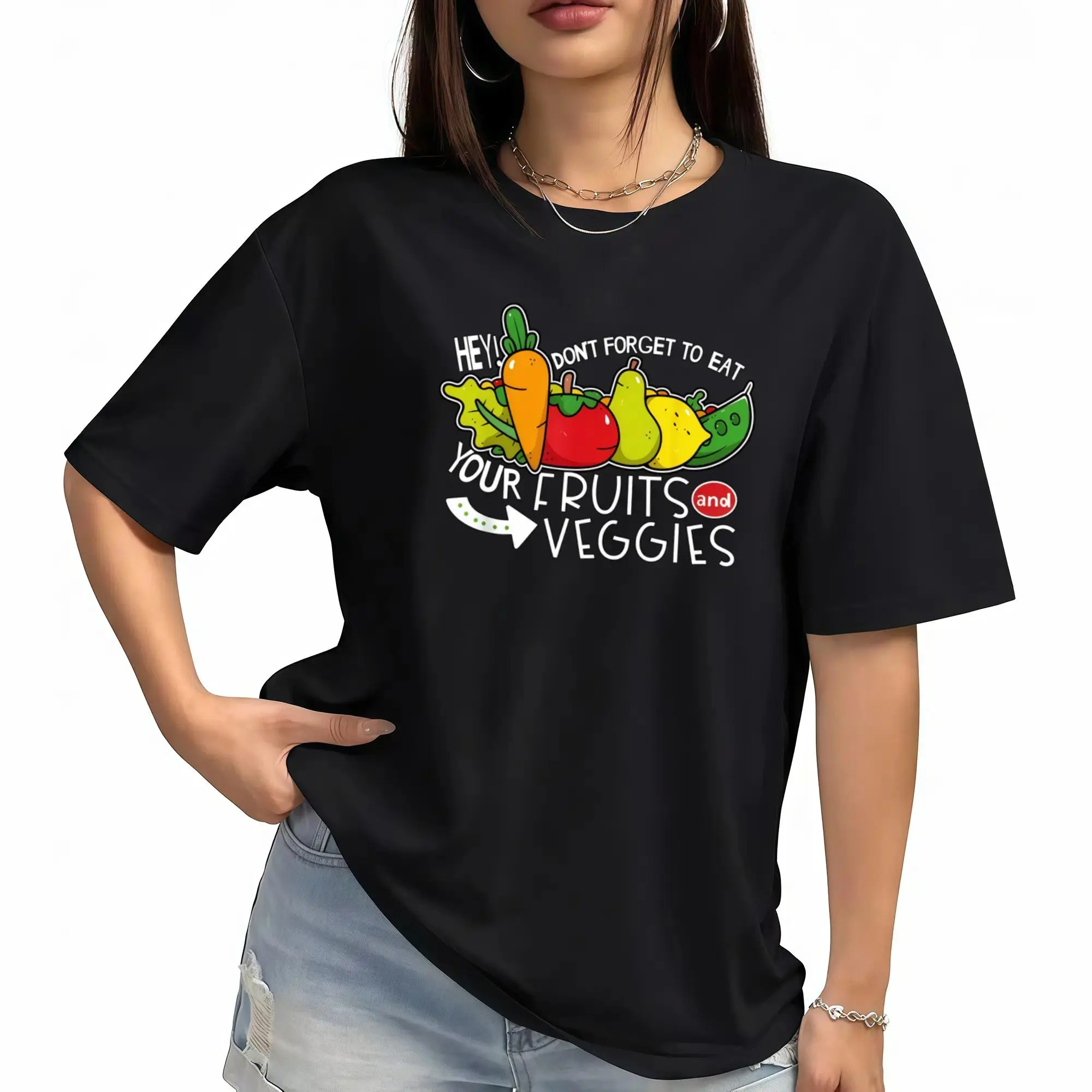 Men's & Women's Vintage Fruit and Veggie Print T-Shirt - Pure Casual Short-Sleeve Tee Suitable for Casual Attire, Retro Round Neck Vegetable & Fruit Graphic T-Shirt, Machine Washable Soft Breathable Summer T-Shirt Clothes Cotton