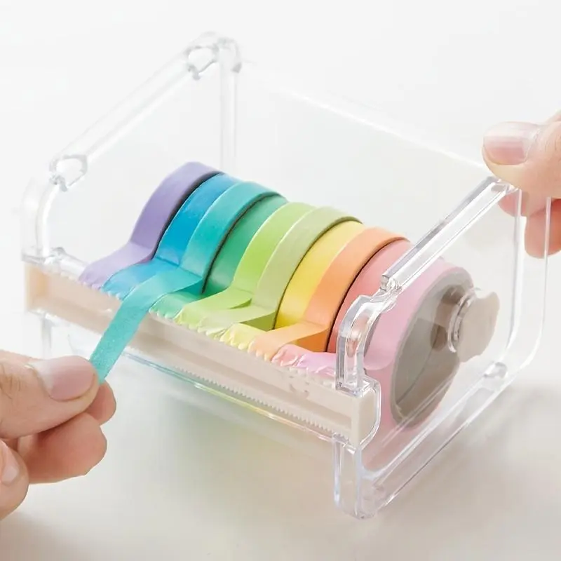 Random Color Washi Tape Cutter, 1 Count Multifunctional Clear Tape Holder Cutter Box, Stationery Accessories For School Office, Classroom Supplies, Office Cutting Supply, Cutting Supplies, Cutting Tool