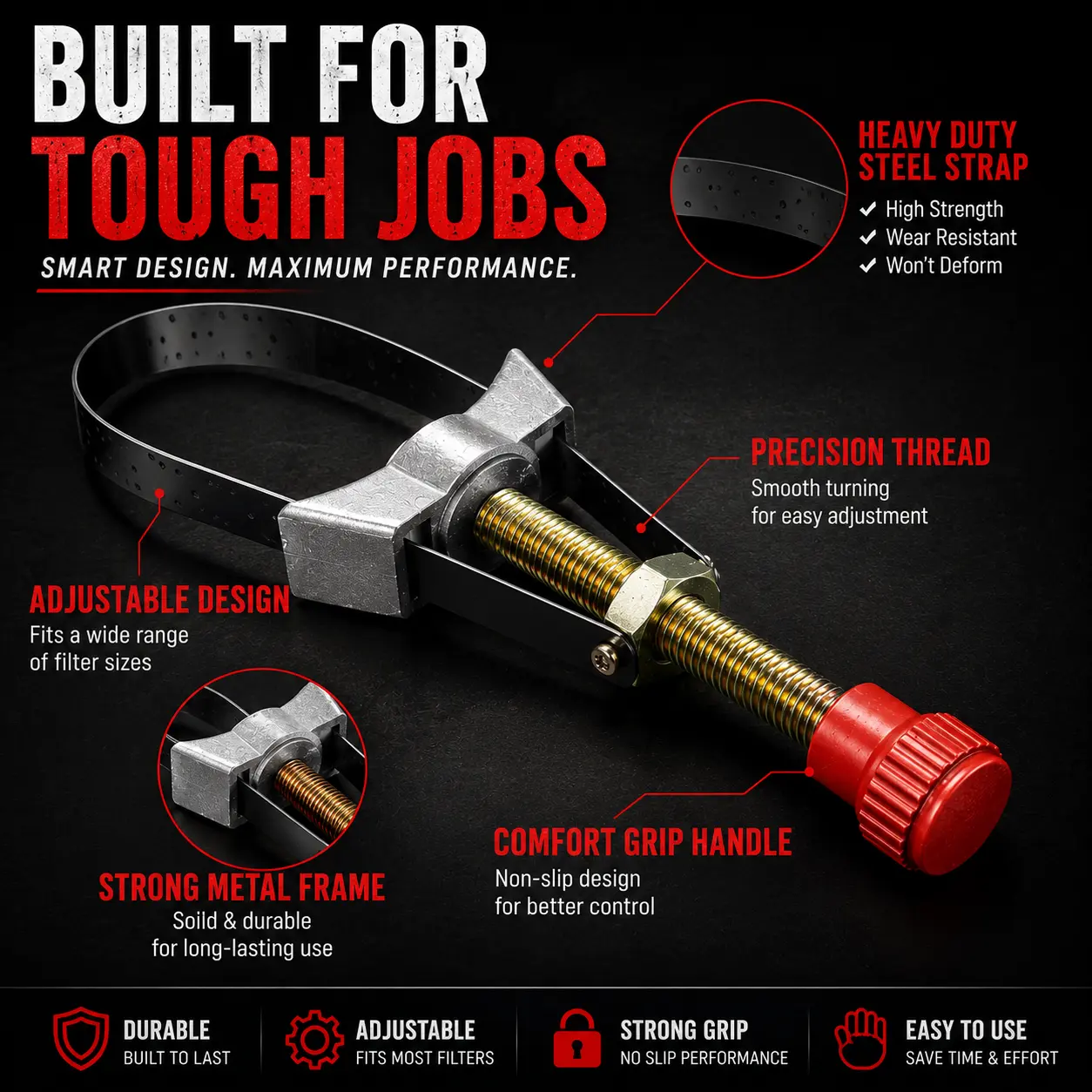 Adjustable Oil Filter Removal Strap Wrench Tool – Universal Car Oil Filter Wrench with Diameter Adjustable Design, Heavy Duty Strap Grip for Easy Filter Removal, Automotive Repair Tool for Cars, Trucks, Motorcycles, Garage Maintenance & DIY Repairs