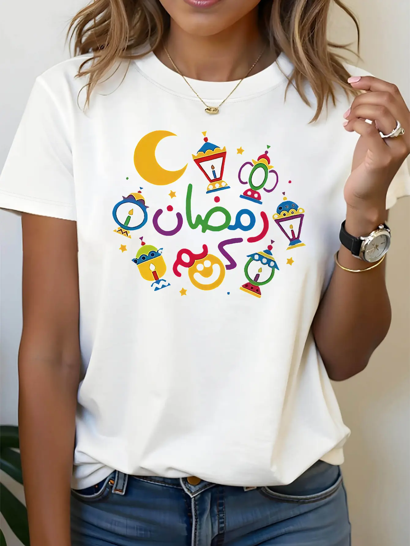Ramadan Kareem Arabic Lantern Crescent Moon Graphic Print T-Shirt |   Women'S Spring-Summer Short-Sleeve Crew-Neck Casual T-Shirt, Daily Leisure, Holiday Gift