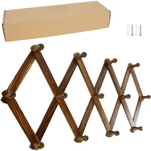 Accordion Style Expandable Wooden Wall Coat Rack, Walnut 13 Hook Peg Rack for Hats, Jackets, Coffee Mugs, Purses, Necklaces, Towels, Caps, Leashes, Scarves, Cables and Kitchenware Storage