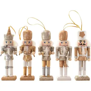5pcs 5 Inch Bling Gold Wooden Collectible Mini Christmas Nutcracker Ornaments Soldier Figurines Hanging Decor for Christmas Tree