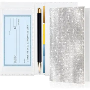 Women Glitter Sparkly White Checkbook Cover Rfid Blocking PU Leather Personal Checkbook Wallet with Pen Insert Divider Bling Rhinestone Valentine's Day Gift