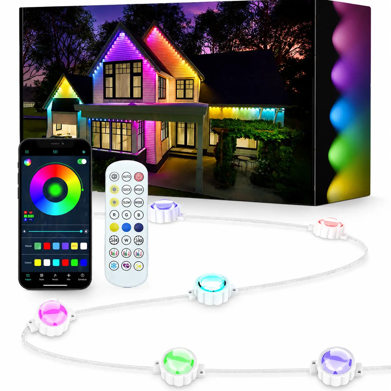 33FT Permanent Outdoor Lights 20 LED RGBCW Eave Lights Smart App & Remote Control IP67 Waterproof Anti-UV Roofline Gutter Lights Year Round House Decor Lighting for Christmas Halloween Holiday Daily Party summerwins whimsical home
