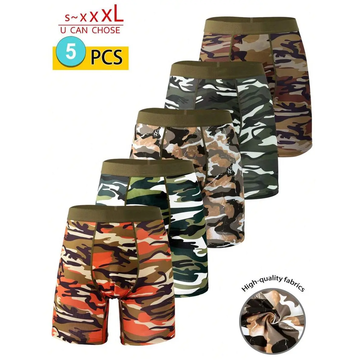 5 Packs Men's Shorts, Camo Print Stretch Briefs, Sports/Cycling Long Boxer Briefs