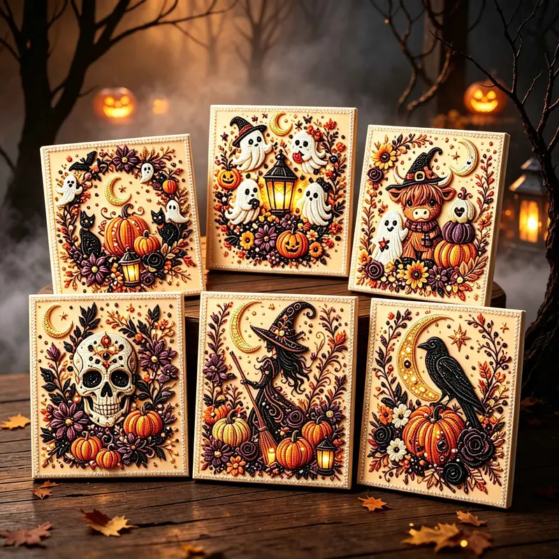 Halloween Aesthetic Whimsical Ghost & Pumpkin Full Pearl Beads DIY Hobbies Kit for Adults, 10x10in Beginner-Friendly Indoor Recreation Supplies, Spooky Themes Wall Halloween Decorations