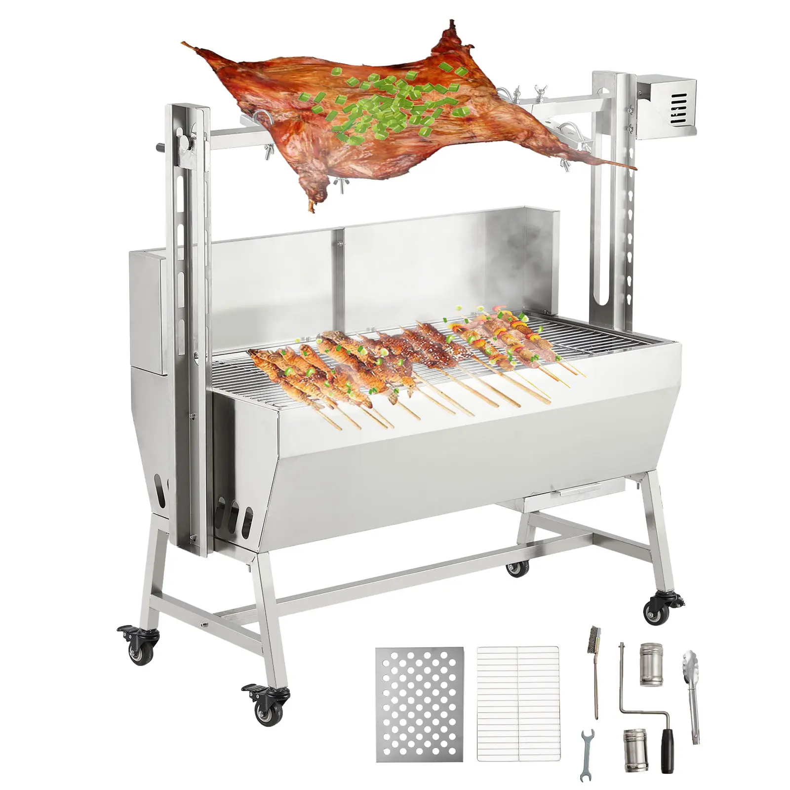 37" Stainless Steel Charcoal Rotisserie Grill, 132lb Capacity Outdoor BBQ Spit Roaster with 52W Motor, Hand Crank, Adjustable Height & Locking Casters