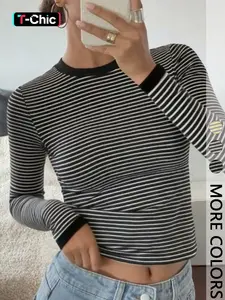 Women's Striped Slim-Fit Long Sleeve Casual Streetwear Spring Summer Top, Stylish Plain Fashion Tee for Daily Wear, Comfortable & Trendy Design, Womenswear