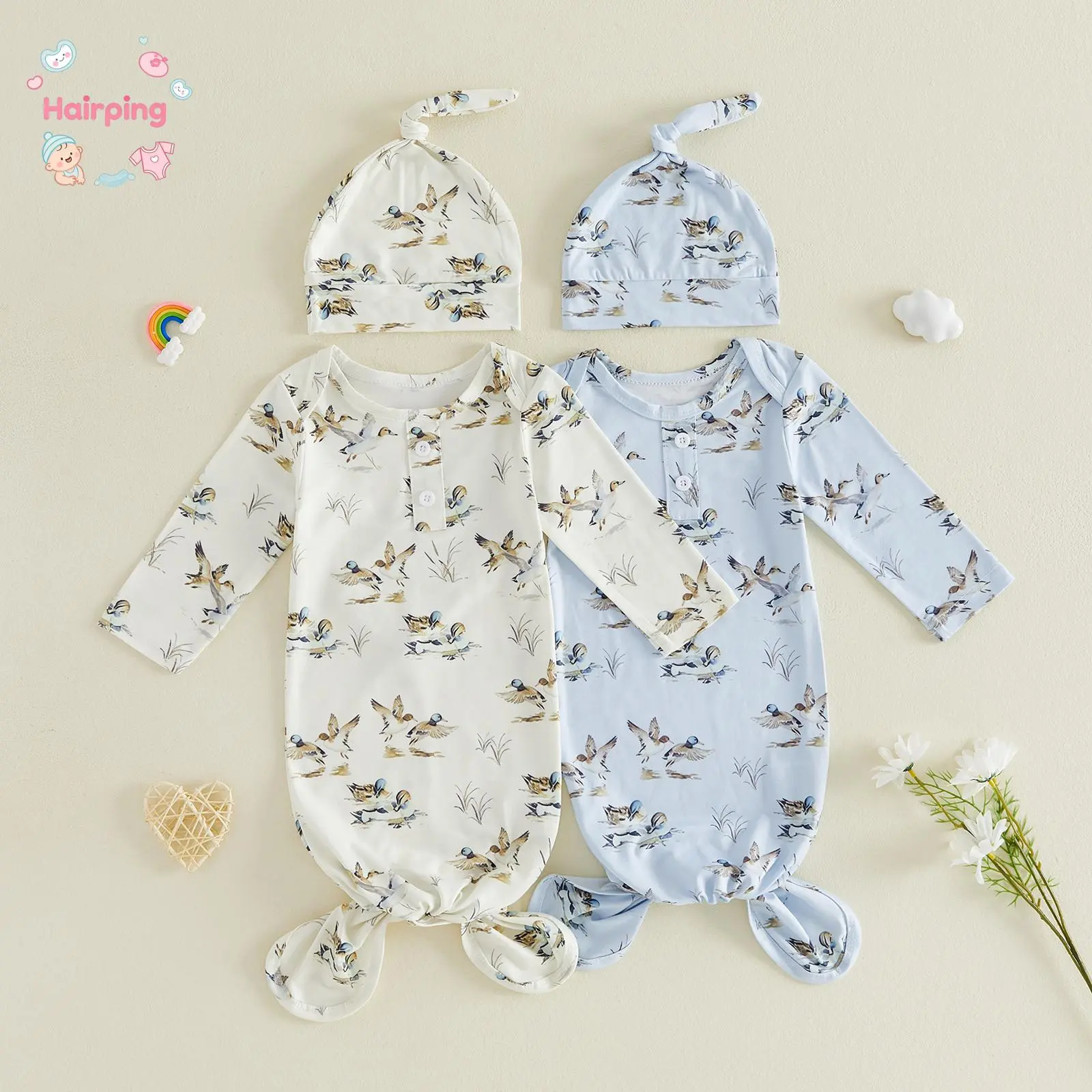 Baby Boy Sleeping Bag with Hat Cute Duck Print Newborn Knotted Gown Infant Swaddle Soft Bamboo Rayon Baby Bodysuits