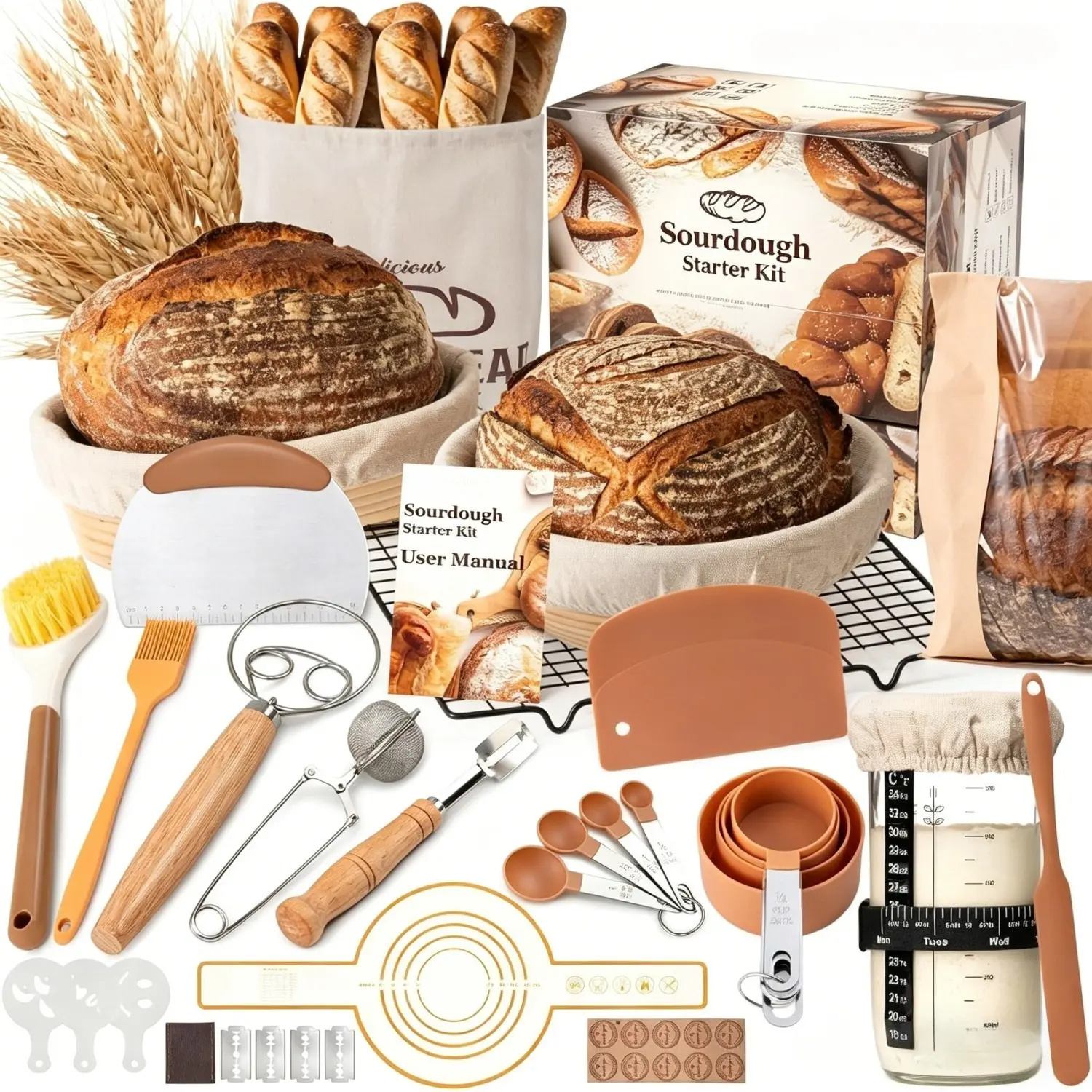 Sourdough Starter Kit with Round & Oval Banneton Bread Proofing Basket, Bread Sling, Starter Jar, Dough Whisk, Scrapers, Stencils, Cooling Rack & Bag Bread Baking Supplies, Baking Gifts, Bread Making Accessories
