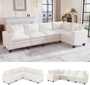 97" L Shaped Sectional Couch, Comfy Chenille Cloud Couch, 5 Seat Modular Cloud Sofa with 2 Pillows & Storage Armrests, Convertible V Shaped Corner Couch, Sectional Couches for Living Room, Beige