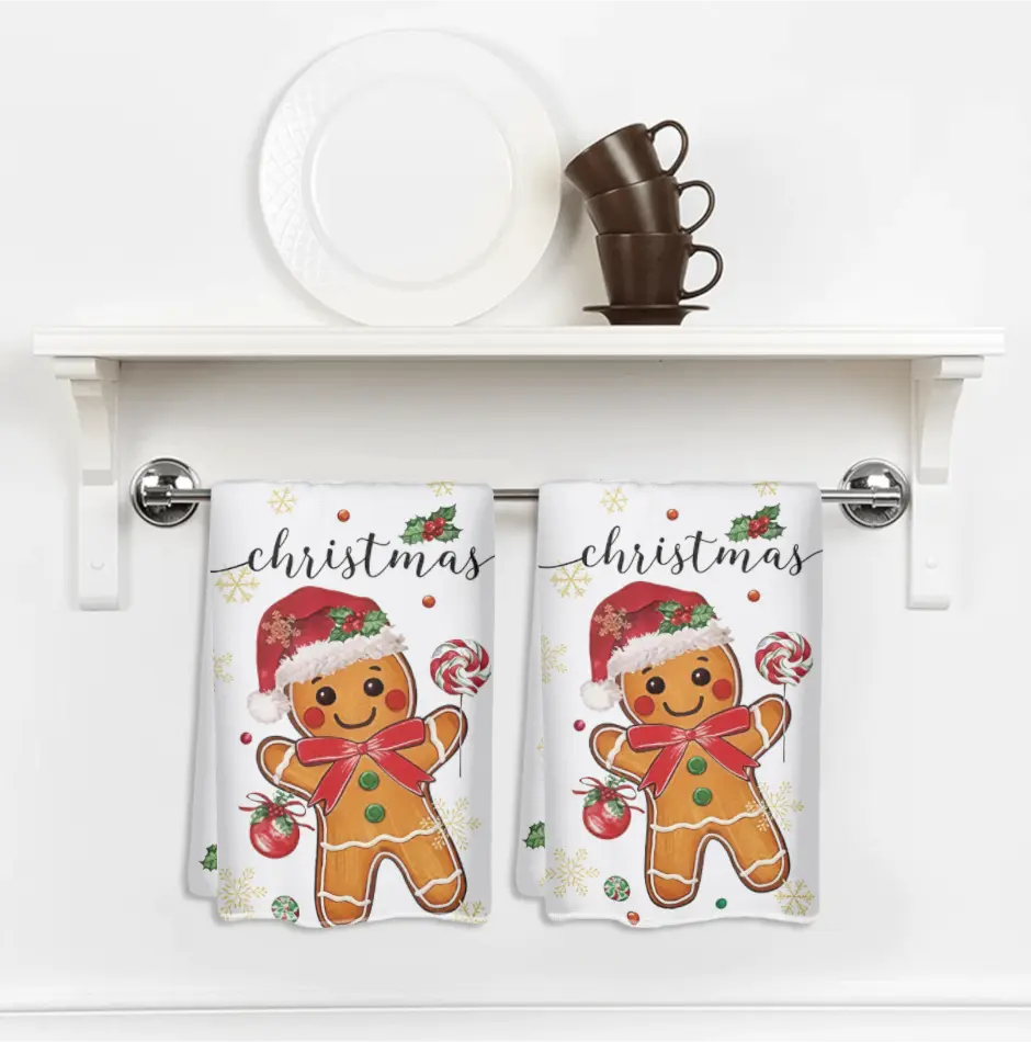 2-pack Christmas gingerbread man absorbent kitchen towels, cute holiday dishcloths, Christmas kitchen decorative cloths