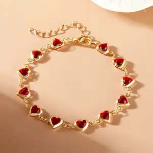Elegant red metal chain bracelet, women's colorful heart-shaped bracelet, party wedding girl wrist accessory gift