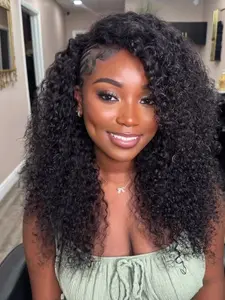 Glueless Wigs Human Hair Kinky Curly Half Wig Upgrade 3 IN 1 Half Wig With Drawstring Seamless Clip Ins Flip Over Water Wave Wig Invisible Drawstring Wig