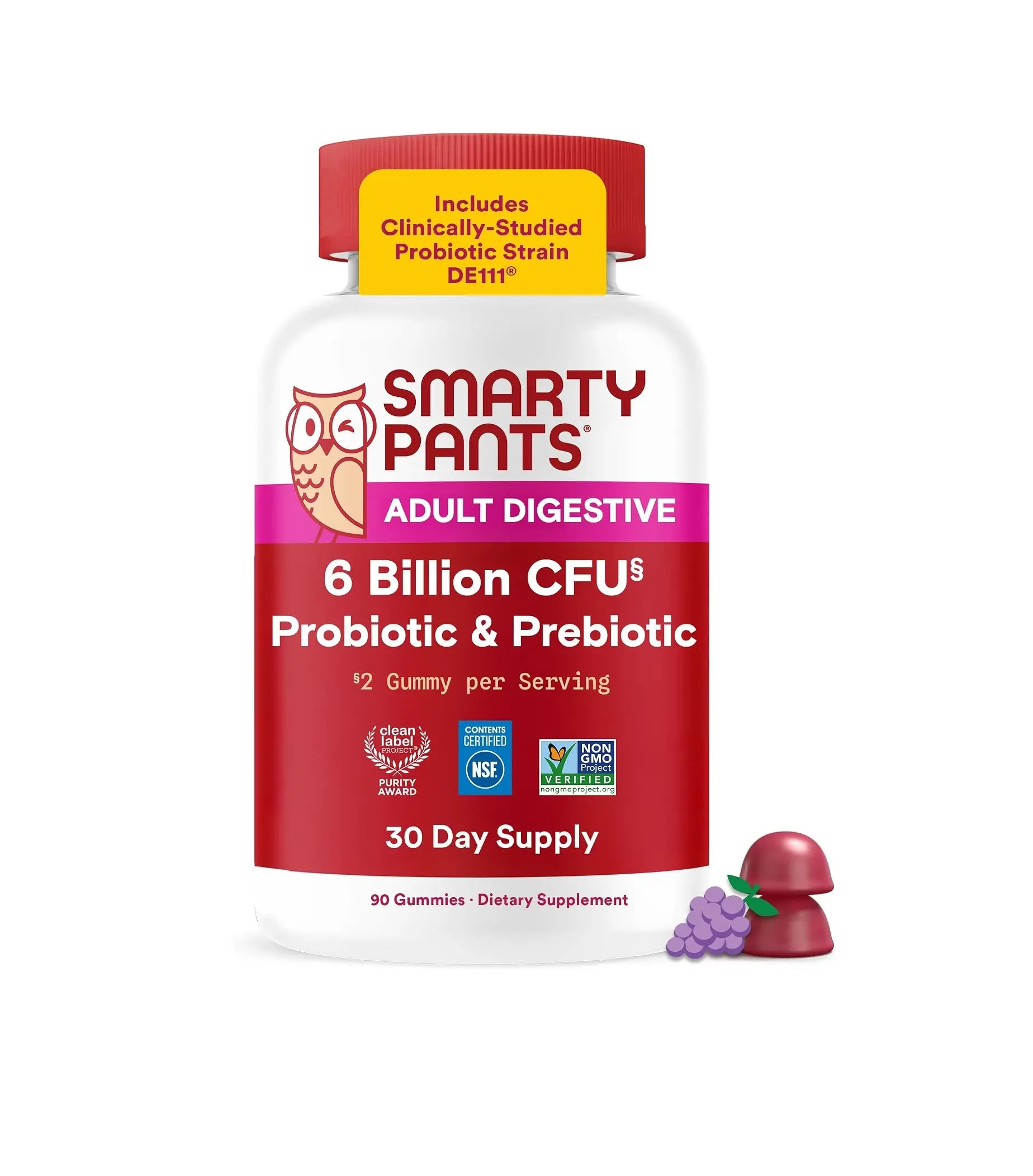 SmartyPants Adult Probiotic & Prebiotic Gummies, 6B CFU Digestive & Immune Support Supplement, Clinically Studied Prebiotic, Grape Flavor, 60 Count (30 Day Supply)