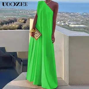 UOOZEE Women's Casual Womenswear Loose Asymmetric Solid Color Slit One Shoulder Maxi Dress Multi-color, Party, Holiday Elegant Style, Chiffon Fabric, White Slightly Transparent, birthday outfit, Recommended Size C Cup and Above