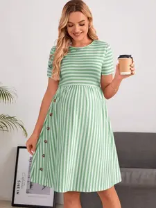 Maternity Striped Dress - Summer Casual Side Button Design for Moms