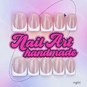 Delicatething Y2K Style Nail Set, Handmade Square Nails with Cat Eye & French Design, 4 Sizes XS S M L, Perfect Gift for Girls