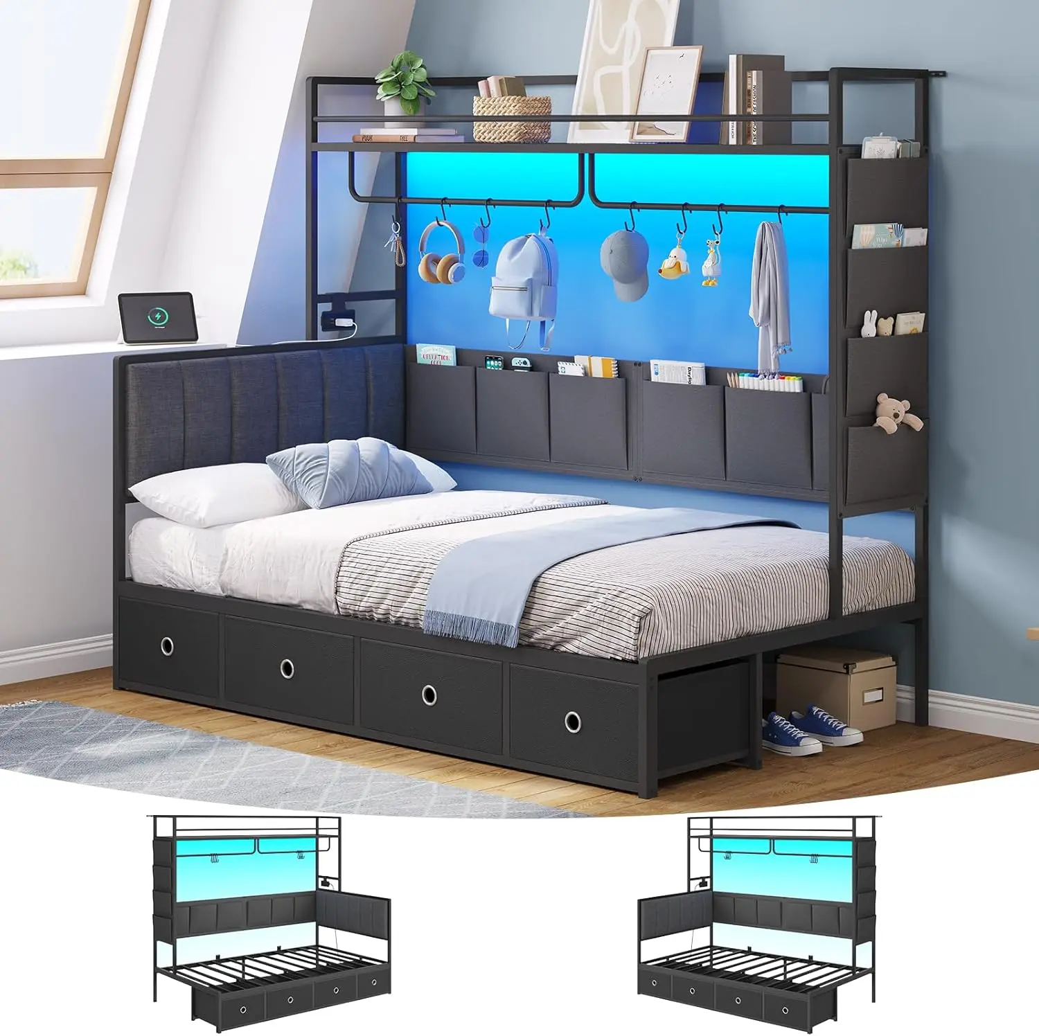 Hasuit Twin Corner Bed Frame with 4 Drawers, Bookcase Shelf, 10 Storage Pockets, Coat Rack, Twin Size Metal Platform Bed with Charging Station, LED Lights, L-Shaped Corner Twin Bed for Teens
