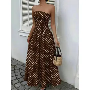 Women'S Polka Dot Print Waist-Cropped Halter Sleeveless Dress, Vacation Style, Elegant, Casual Chic Fitted Sun Dress, Long Dress, Ultra-Long Dress, Polka Dot Dress