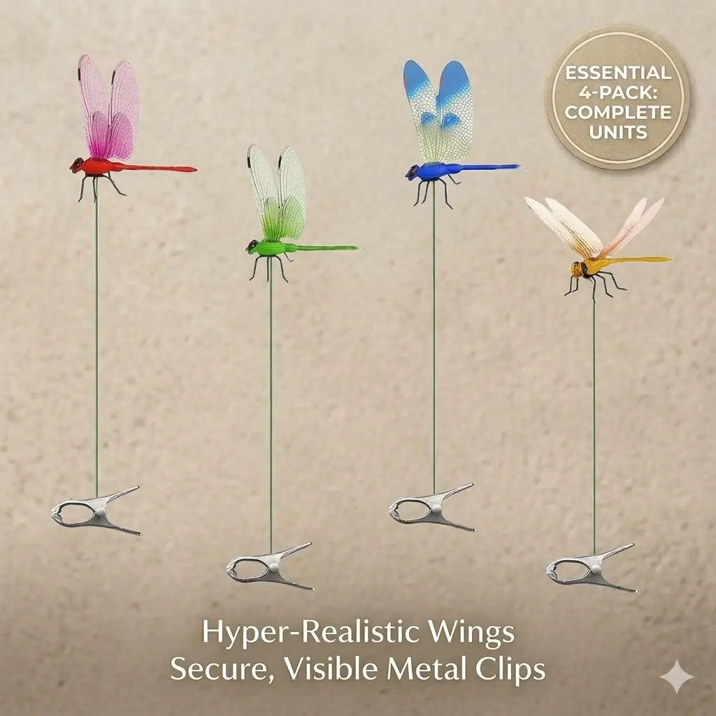 Decoy Clips, 4/8/12 PCS 3D Metal Dragonfly Garden Accessories with Realistic Look & Flexible Wire, Weatherproof Chemical-Free Pest Repellent for Outdoor Patios & Decks, 4Pcs, Natural Pattern, 100% Chemical-Free, 3-Minute Setup, Assorted Natural Patterns,