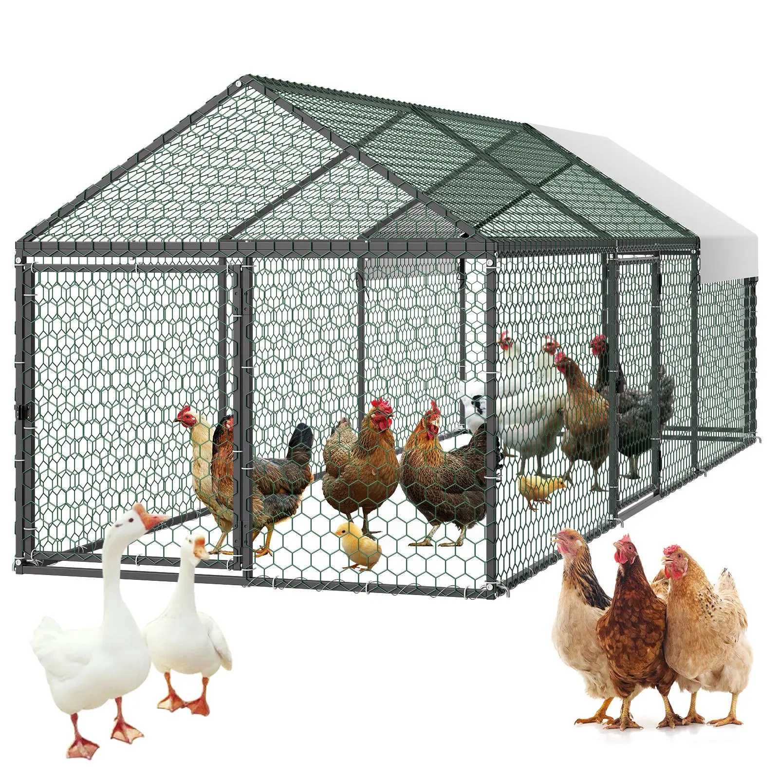 【summerfinds】VEVOR Metal Chicken Coop for 6-8 Chickens, 3.3 x 9.8 x 3.3 ft, Small Chicken Cage with Waterproof Cover & 3 Doors, Spire Roof Poultry Run Compatible with Wooden Coops, for Rabbit Hen Goose Duck